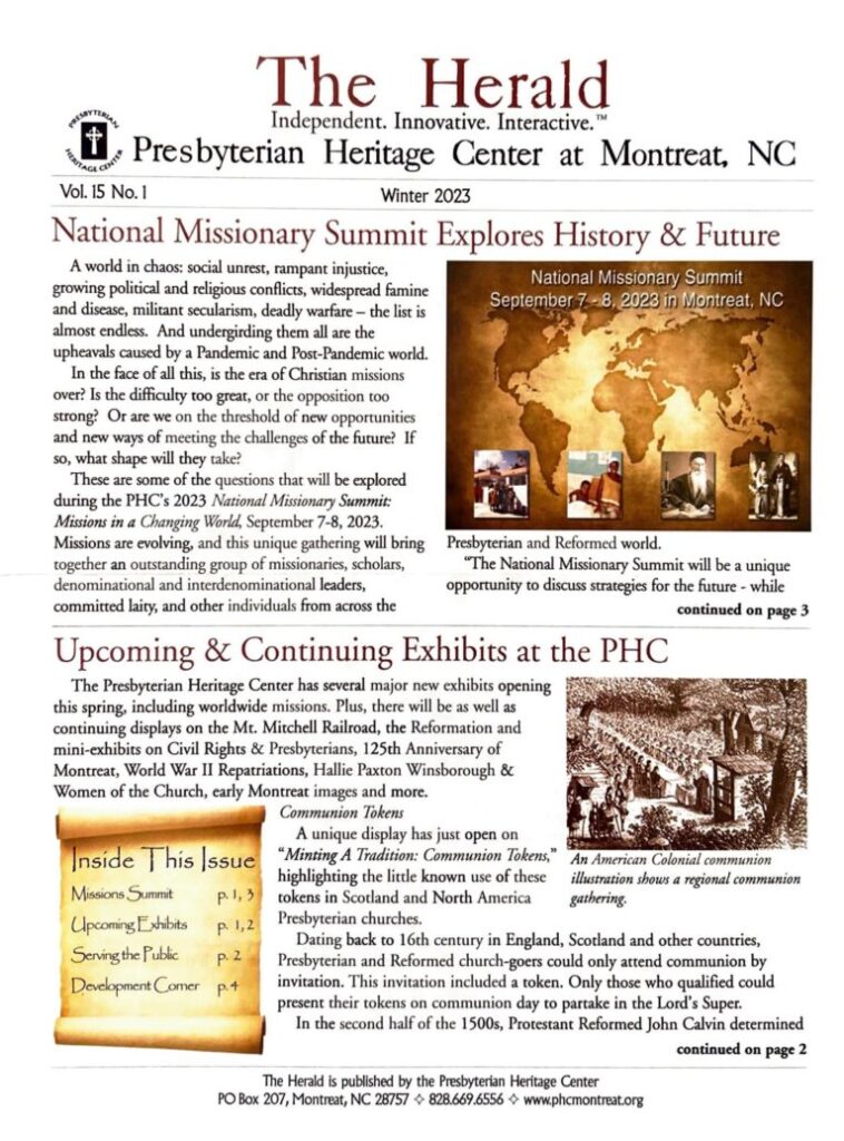 Image shows a thumbnail image of the first page of the Winter 2023 Presbyterian Heritage Center Newsletter